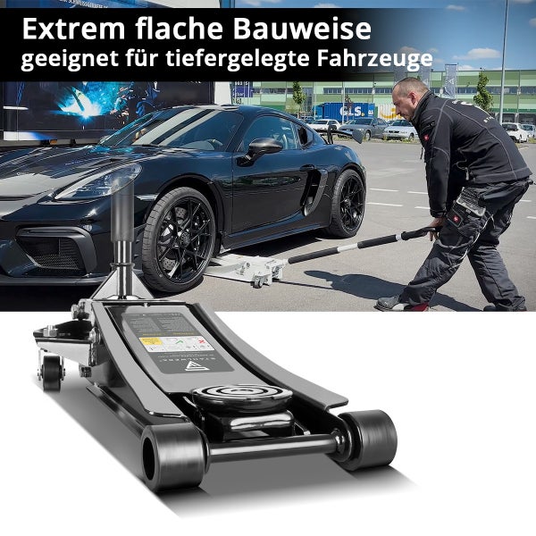 Rangierwagenheber zum Anheben eines schwarzen Autos durch eine Person