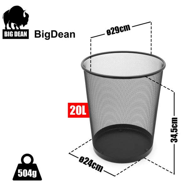 Big Dean Papierkorb aus Drahtgeflecht mit 20 Liter Volumen und Maßangaben für Durchmesser und Höhe.