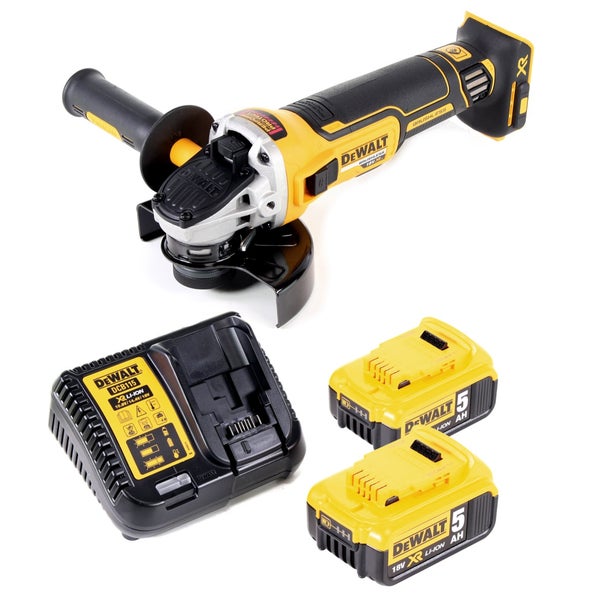 DeWalt Akku-Winkelschleifer Set mit zwei Akkus 18 Volt 5 Amperestunden und einem Ladegerät