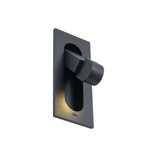 Moderne schwarze LED Wandleuchte mit schwenkbarem Leselicht und USB-Anschluss.