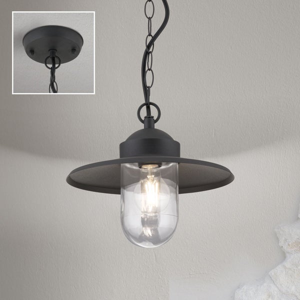Schwarze Außenhängeleuchte aus Metall und klarem Glas mit Kette und Deckenhalterung.