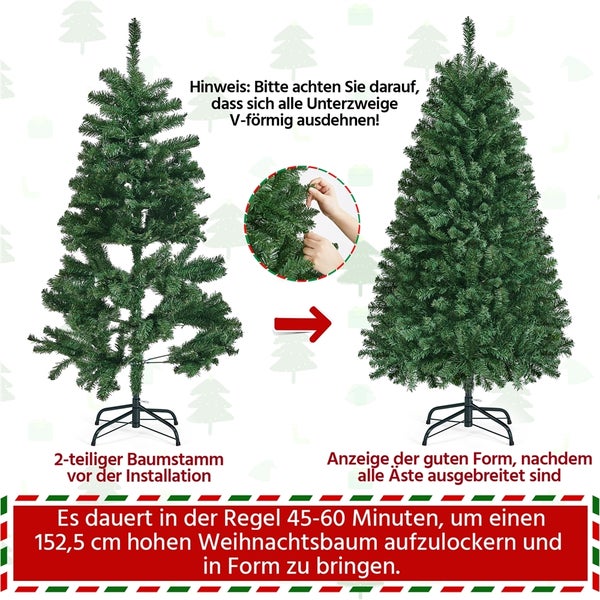 Zweifach Darstellung eines 152,5 cm hohen künstlichen Weihnachtsbaums mit Metallständer vor und nach dem Ausrichten der Äste.