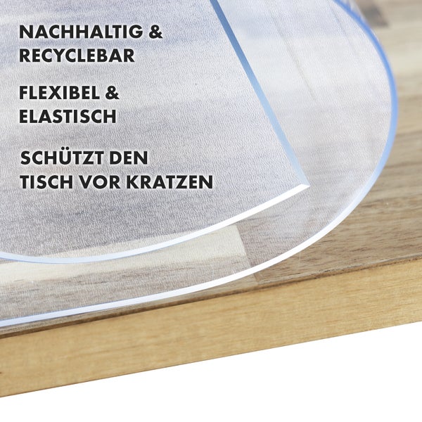 Transparente Tischschutzfolie aus Kunststoff, nachhaltig und recycelbar, flexibel und elastisch, schützt den Tisch vor Kratzern