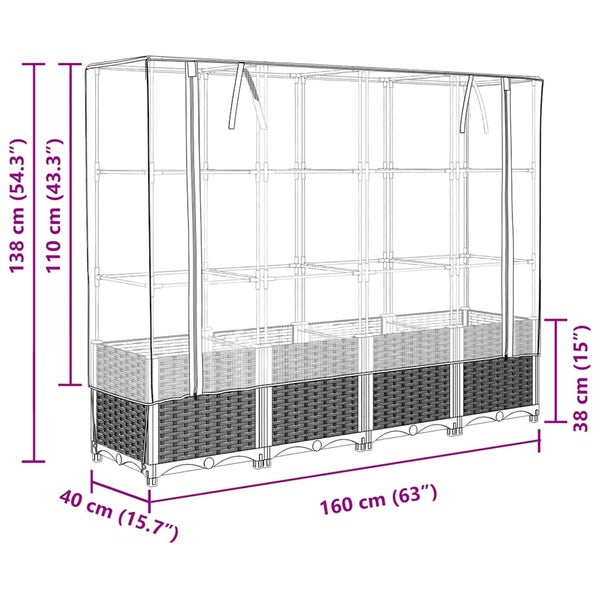 Hochbeet mit Gewächshausaufsatz, Maße 160 Zentimeter Länge, 40 Zentimeter Breite, 138 Zentimeter Höhe, Sockelhöhe 38 Zentimeter.