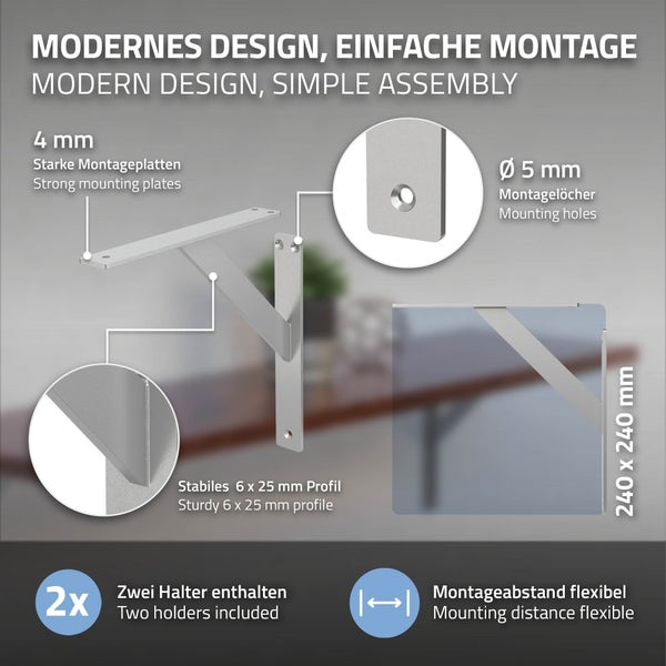 ML-Design 4 Stück Regalhalterung 240x240 mm, Silber, Aluminium, Schwebende Regalhalterungen, Regalwinkel, Wandhalterung für Regalbrett, Regalträger für Wandmontage, Wandregal Wandkonsole Regalstütze