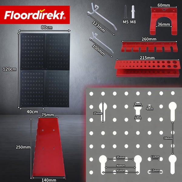 Floordirekt Logo. Werkzeugwand aus Metall mit vier Paneelen, 120 mal 80 Zentimeter, inklusive Haken, Halterungen und Detailansicht der Lochabstände.