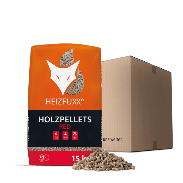 Heizfuxx Holzpellets RED im 15 Kilogramm Sack, zertifiziert nach ENplus A1, mit Versandkarton und losen Pellets im Vordergrund.