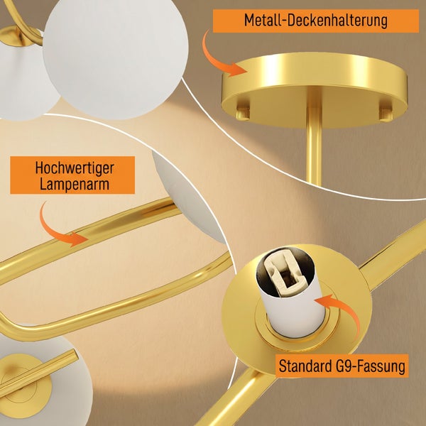 Moderne Deckenleuchte mit Metallrahmen, G9-Fassung, Metall-Deckenhalterung und hochwertigem Lampenarm.