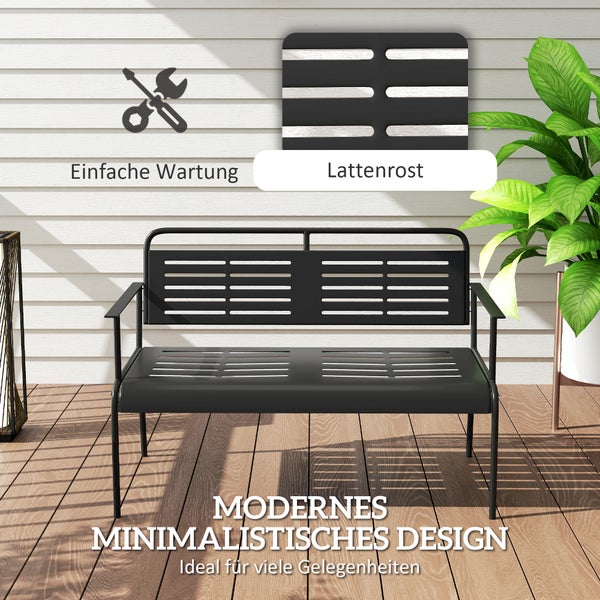 Outsunny 2-Sitzer Gartenbank, Sitzbank mit Lamellen-Design, wasserabweisend Gartenmöbel mit Rücken- & Armlehnen, Parkbank 240kg belastbar, Balkonbank für Terrasse, Garten, 121 x 64 x 84cm, Schwarz