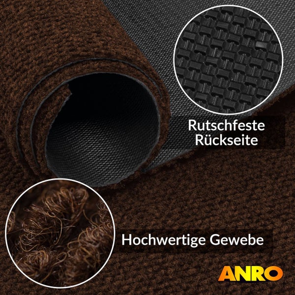 Fußmatte mit rutschfester Rückseite und hochwertigem Gewebe. Detailansicht der Oberflächenstruktur und der gummierten Unterseite. ANRO Logo.