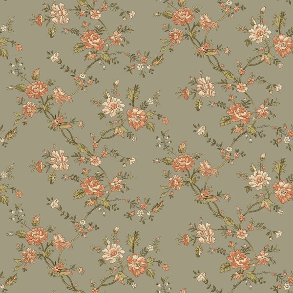 Tapete mit floralen Ranken und Blüten im Vintage-Stil.