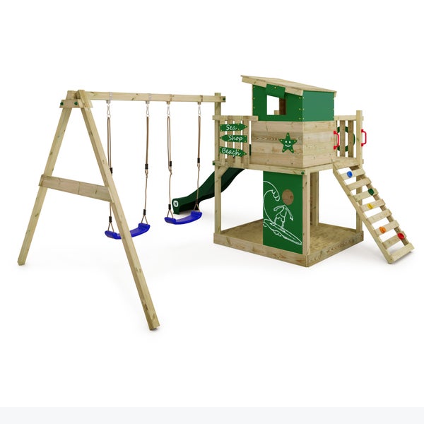 WICKEY Spielturm Klettergerüst Smart Camp mit Schaukel und Rutsche, Baumhaus mit Sandkasten, Kletterleiter und Spiel-Zubehör - grün
