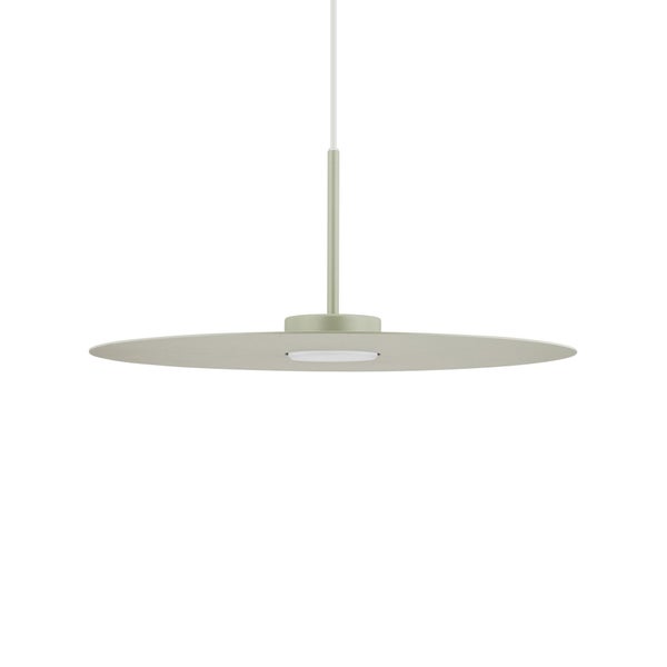 Moderne LED-Pendelleuchte mit flachem, kreisförmigem Schirm und schlankem Stab.