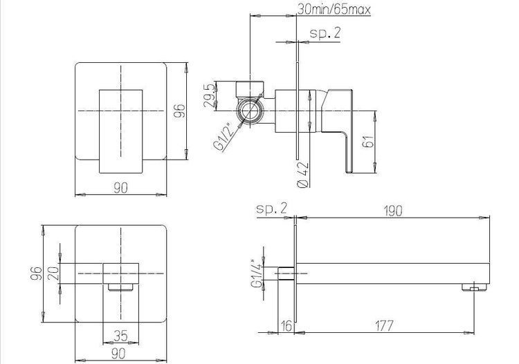 Technische Zeichnung einer Armatur mit Maßangaben