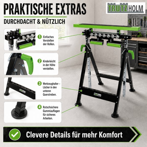 Trutzholm Arbeitsbock mit Rollen, Höhenverstellung, Werkzeughalter und rutschfesten Gummifüßen. Trutzholm Logo.