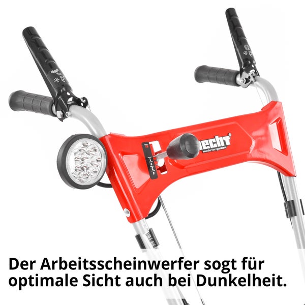 Detailansicht der Bedienelemente einer Gartenfräse mit Scheinwerfer und Hecht Logo.