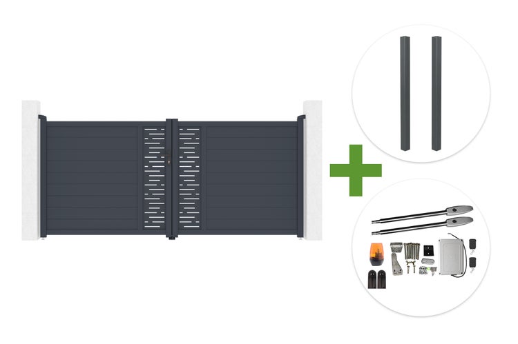 Zweiflügeliges Aluminium-Einfahrtstor in Anthrazit inklusive zwei Torpfosten und elektrischem Drehtorantrieb-Set.