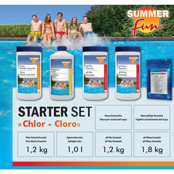 Summer Fun Starterset Chlor, Algenschutz, pH-Plus, pH-Minus, Wasserteststreifen und Wasserpflege-Broschüre