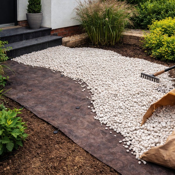 Gartenszene mit Gartenvlies, Zierkies, Rechen und Bepflanzung vor einem Hauseingang.