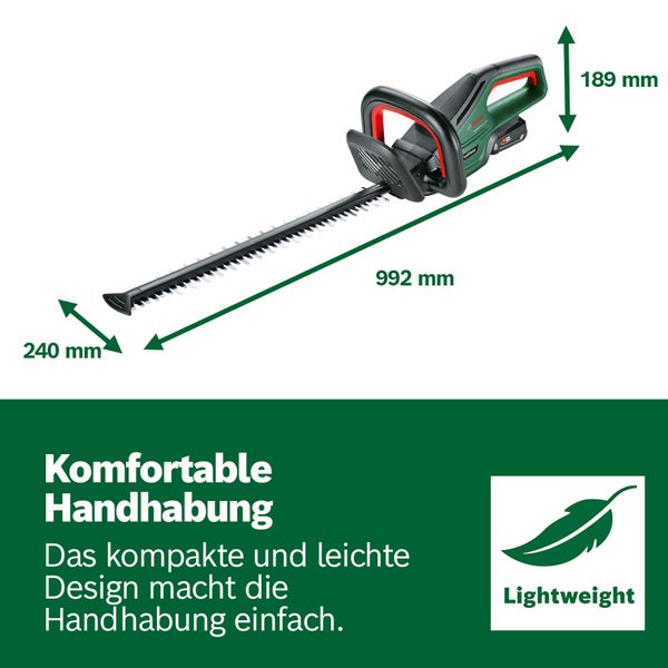 Bosch Akku-Heckenschere mit Abmessungen: Länge 992 Millimeter, Höhe 189 Millimeter, Breite 240 Millimeter. Symbol für geringes Gewicht.