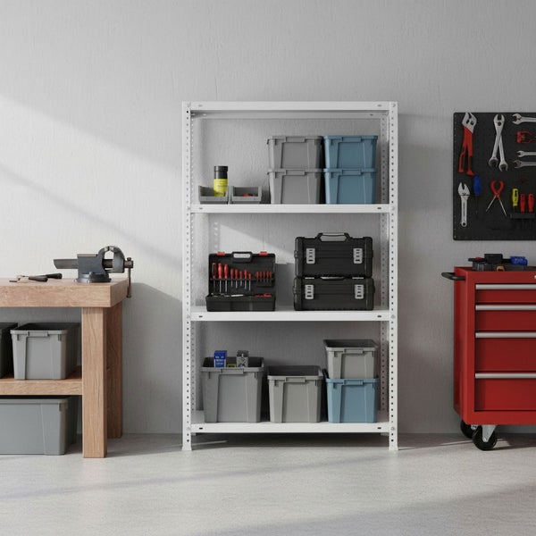 Organisierte Werkstatt mit weißem Metallregal, Lagerboxen, Werkzeugkoffern, hölzerner Werkbank mit Schraubstock und rotem Werkstattwagen.