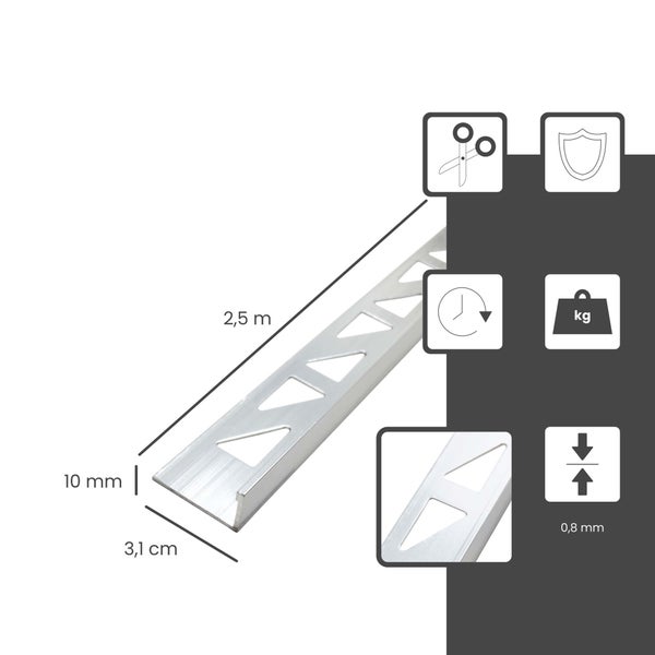 Fliesenprofil aus Aluminium, 10 Millimeter hoch, 3,1 Zentimeter breit, 2,5 Meter lang, 0,8 Millimeter Materialstärke, individuell zuschneidbar.