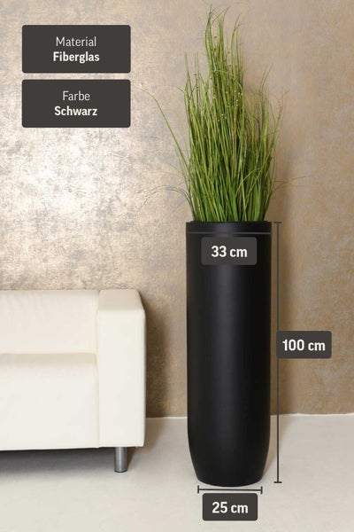 Zylindrisches Fiberglas-Pflanzgefäß, Schwarz, 100 Zentimeter hoch, Durchmesser oben 33 Zentimeter, unten 25 Zentimeter.