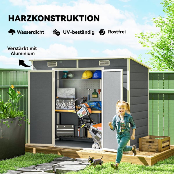 Gartenhaus aus Harz mit Aluminiumverstärkung, wasserdicht, UV-beständig und rostfrei. Geöffnete Türen zeigen organisierten Stauraum für Werkzeuge.
