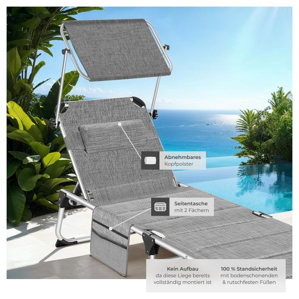 Sonnenliege tectake Lorella 220 x 60,5 x 34 cm, mit Seitentasche  gepolstert, klappbar grau-meliert