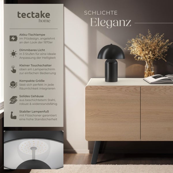 Schwarze Akku Tischleuchte im Pilzdesign auf einem Sideboard