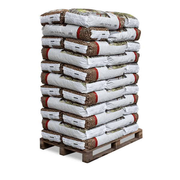 Liaflor Blähton 15 bis 25 Millimeter in 50 Liter Säcken auf einer Holzpalette gestapelt.