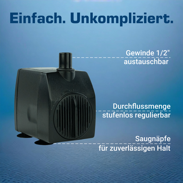 Schwarze Teichpumpe mit austauschbarem ein halb Zoll Gewinde, stufenlos regulierbarer Durchflussmenge und Saugnäpfen für sicheren Halt.