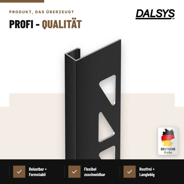 Dalsys Fliesenabschlussprofil als U-Profil aus Metall für saubere Kantenabschlüsse bei Fliesenarbeiten mit deutscher Markenqualität.