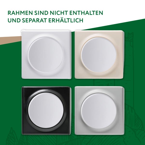 Vier Lichtschaltereinsätze mit runder Wippe in verschiedenen Ausführungen, Rahmen sind nicht enthalten und separat erhältlich.