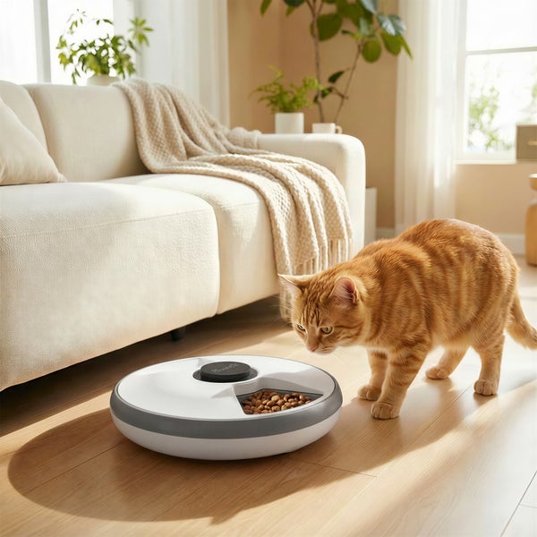Automatischer Futterautomat für Haustiere mit Katze in einem hellen Wohnzimmer auf Holzboden neben einem weißen Sofa.