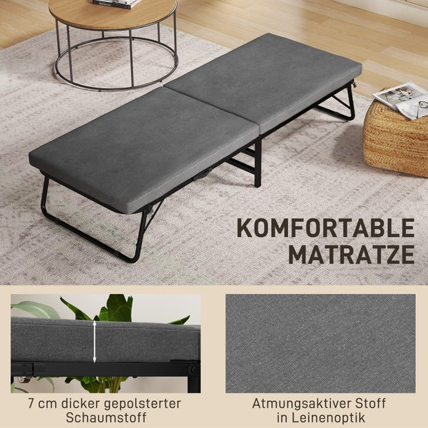 HOMCOM Klappbett 70 x 190 cm Gästebett klappbar mit 7cm Schaumstoff Matratze, verstellbares Rückenlehne, Reisebett mit Rollen, Leinenoptik für Büro, Gästezimmer, Dunkelgrau