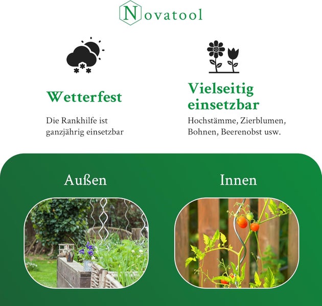 Novatool Logo. Symbole für Wetterfestigkeit und vielseitige Verwendung. Bilder zeigen die Rankhilfe im Außen- und Innenbereich.