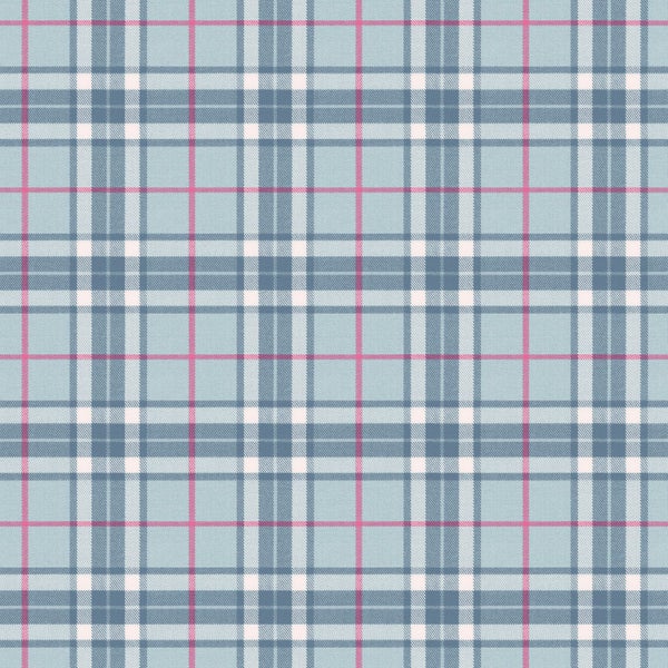 Tapete mit Karomuster und feiner Textur in Blau, Weiß und Rosa