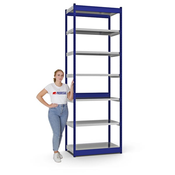 PROREGAL Fachbodenregal Stecksystem Vierkant-Profil Grundregal HxBxT 300 x 102,5 x 50 cm 7 Ebenen Einseitige Bauart Fachlast 200 kg Enzianblau