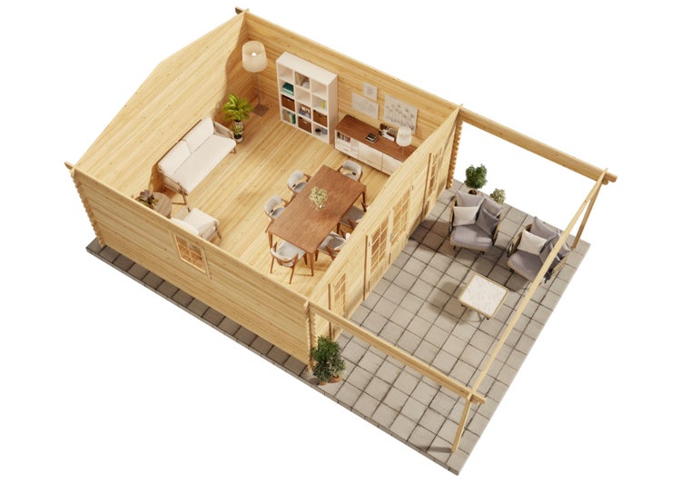Alpholz Gartenhaus Nyborg-44 ISO Gartenhaus aus Holz in natur, Holzhaus mit 44 mm Wandstärke inklusive Terrasse, Blockbohlenhaus mit Montagematerial imprägniert 5x8m