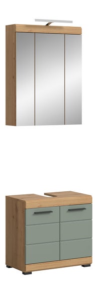 Badmöbelset mit dreitürigem Spiegelschrank inklusive LED-Beleuchtung und einem Waschbeckenunterschrank in Eichenoptik mit grünen Fronten.