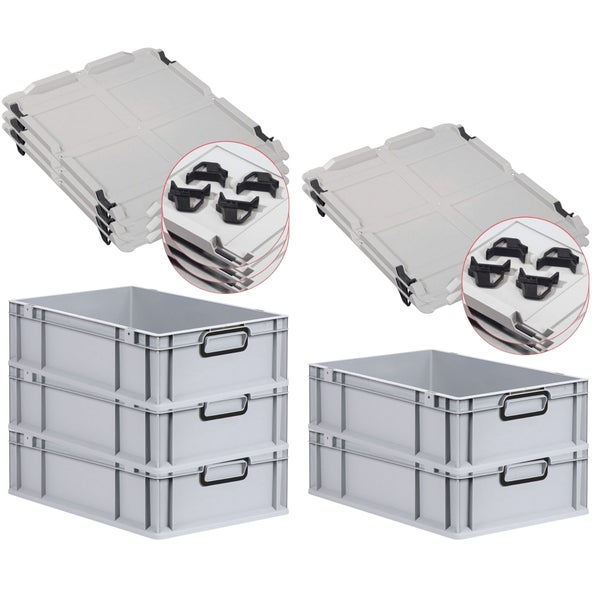 PROREGAL SuperSparSet 5x Eurobox NextGen Color mit Auflagedeckel und Schiebeschnappverschlüsse, HxBxT 17x40x60cm, 34 Liter, Grau, Griffe schwarz geschlossen, Eurobehälter, Transportbox, Transportbehälter, Stapelbehälter