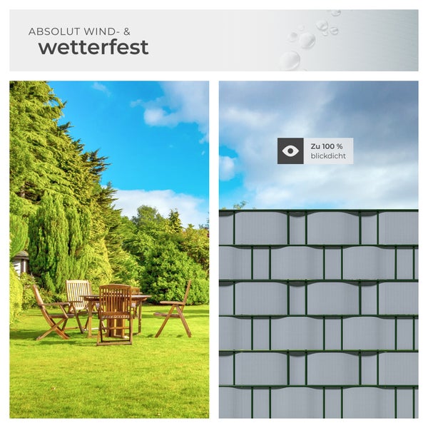 Wetterfeste Zaunblende im Garten mit Sitzgruppe und dem Hinweis 100 Prozent blickdicht