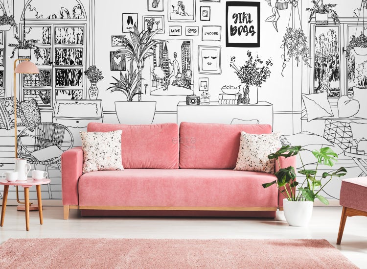Wohnzimmer mit Sofa, Teppich und dekorativer Wand