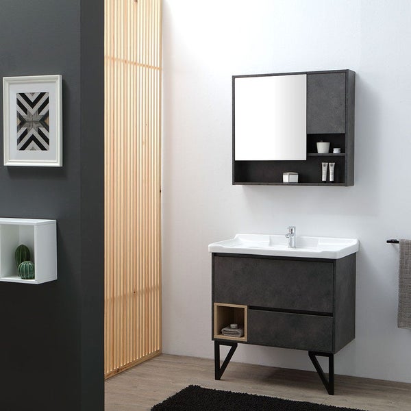 Modernes Badezimmermöbel Set mit Waschtischunterschrank mit zwei Schubladen und Spiegelschrank, wandhängend, in dunkler Betonoptik und Holz.
