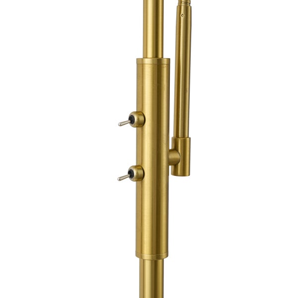 Detail einer messingfarbenen Stehleuchte aus Metall mit zwei Kippschaltern.