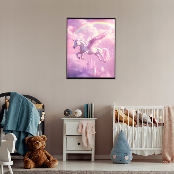 Wandbild mit Einhorn und Schloss Motiv in einem Kinderzimmer mit Kinderbett, Nachtisch und Kuscheltier.