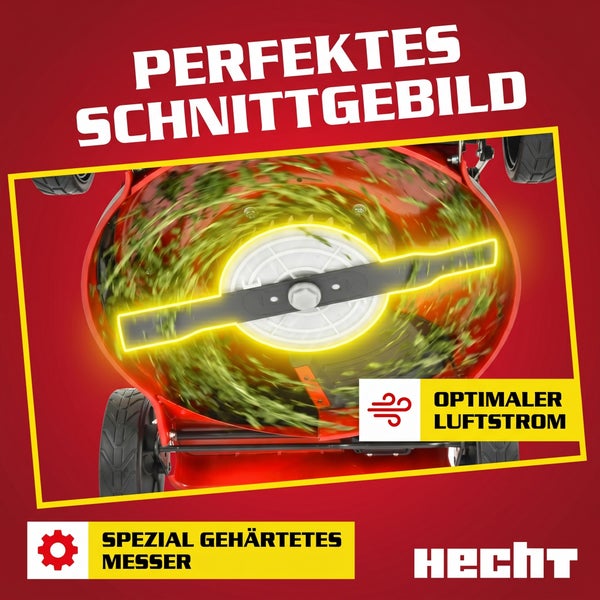 Hecht Rasenmäher Unteransicht mit rotierendem, spezial gehärtetem Messer für optimalen Luftstrom und ein perfektes Schnittbild. Hecht Logo.