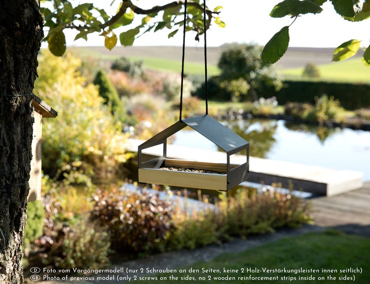 WONDERMAKE - Design Vogelhaus aus Metall und Holz wetterfest zum Aufhängen, modernes Vogelfutterhaus klein Metalldach hängend, Vogelhäuschen Futterhaus für Vögel, schwarz