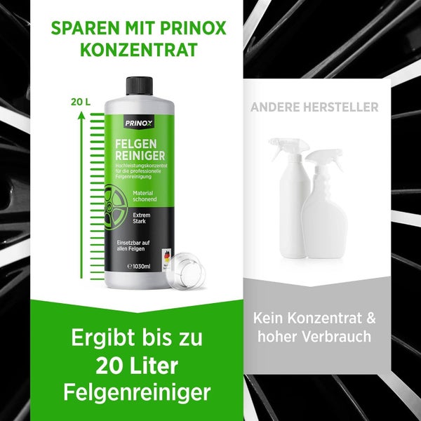 PRINOX® 1030ml Felgenreiniger Konzentrat inkl. Mischflasche | STARK & SPARSAM | Ergibt bis zu 20L | Säurefrei für alle Felgen | Alufelgen, Stahlfelgen, Carbon, Matte, Chrom | Felgenpflege Made in DE…